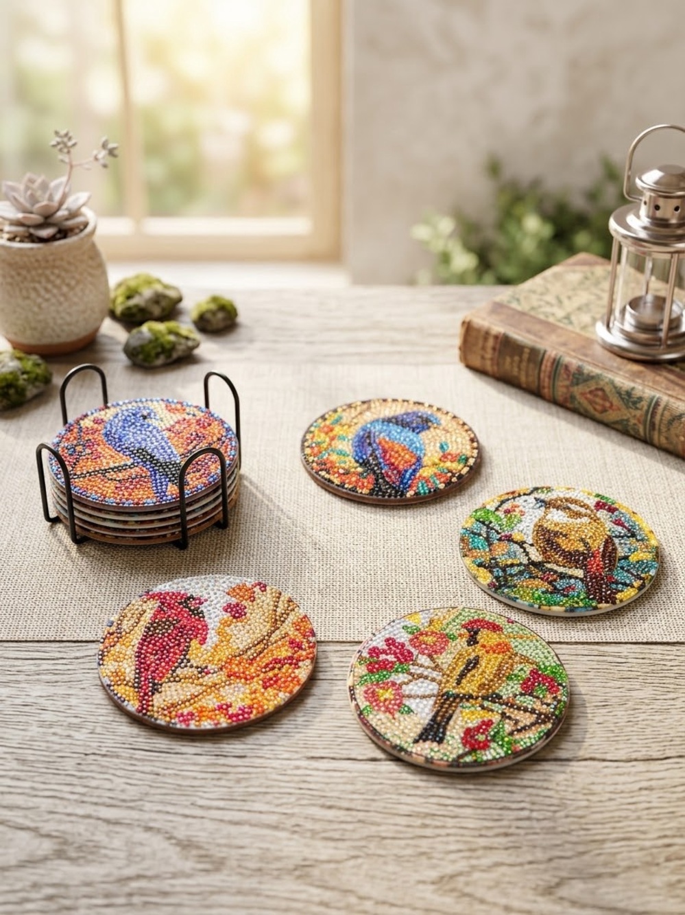 Set of 8 Beaded Bird Coasters - Colorful Round Drink Coasters